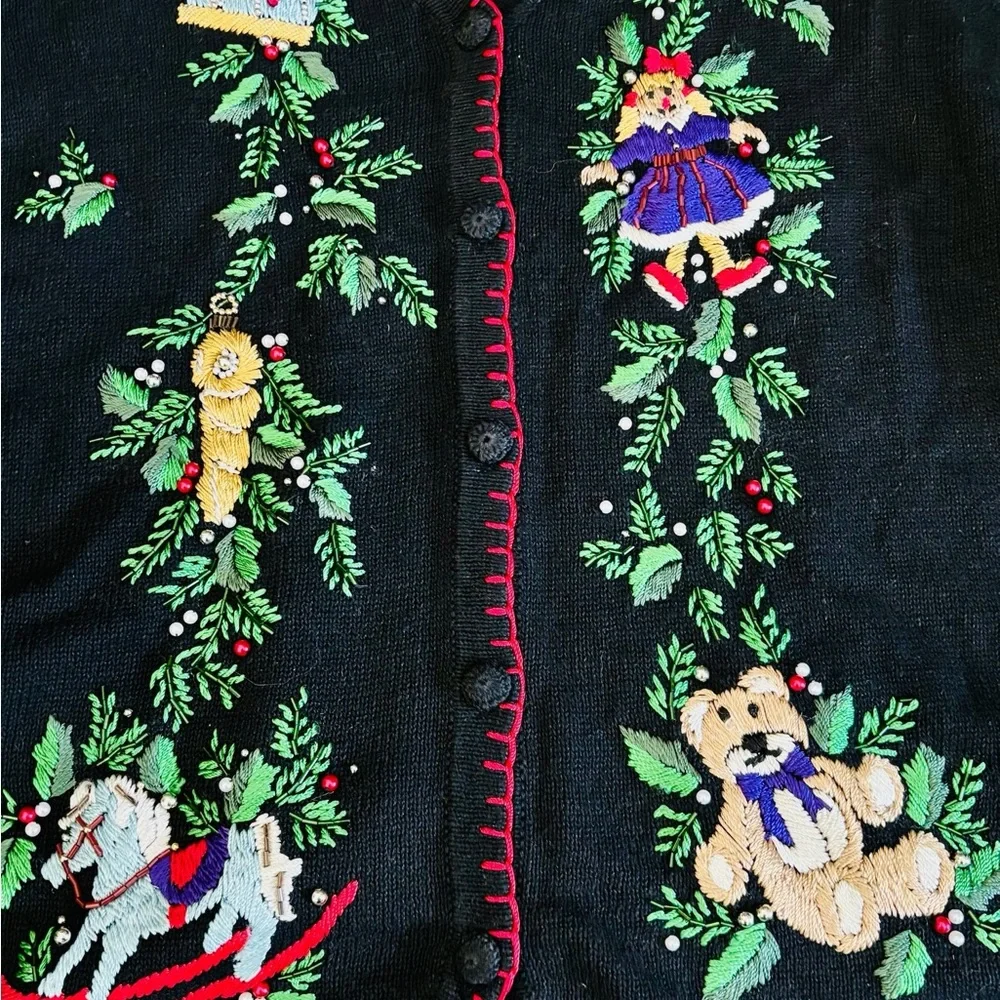 Victoria Jones Woman Sz 3x Black Cardigan Vest with Embroidered Holiday Design